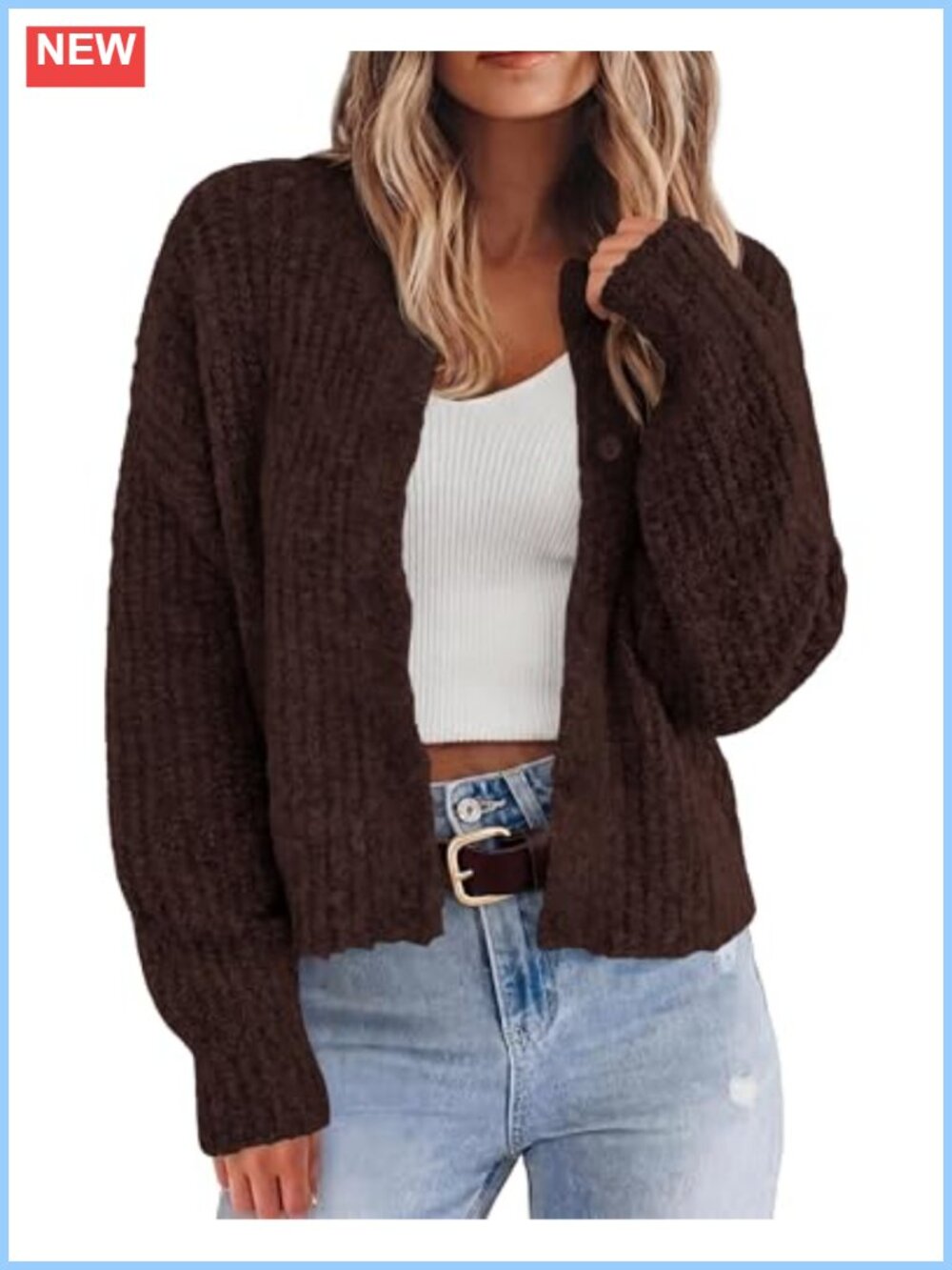 Chunky Knit Cropped Cardigan Button Down Long Sleeve Sweater